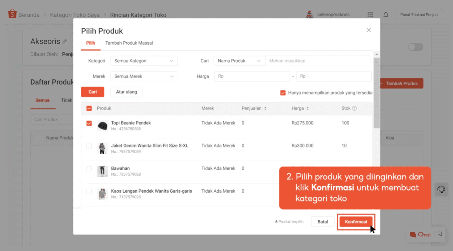 pilih produk dan klik konfirmasi