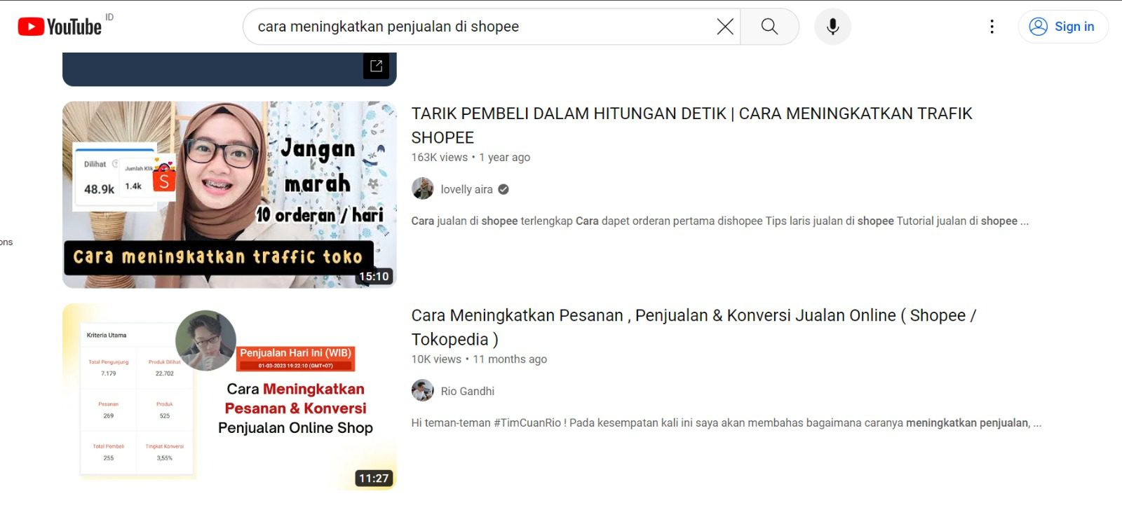 hasil pencarian seo youtube